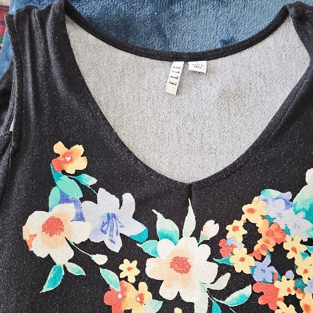 Elle Women's Black Top with Colorful Floral Design
